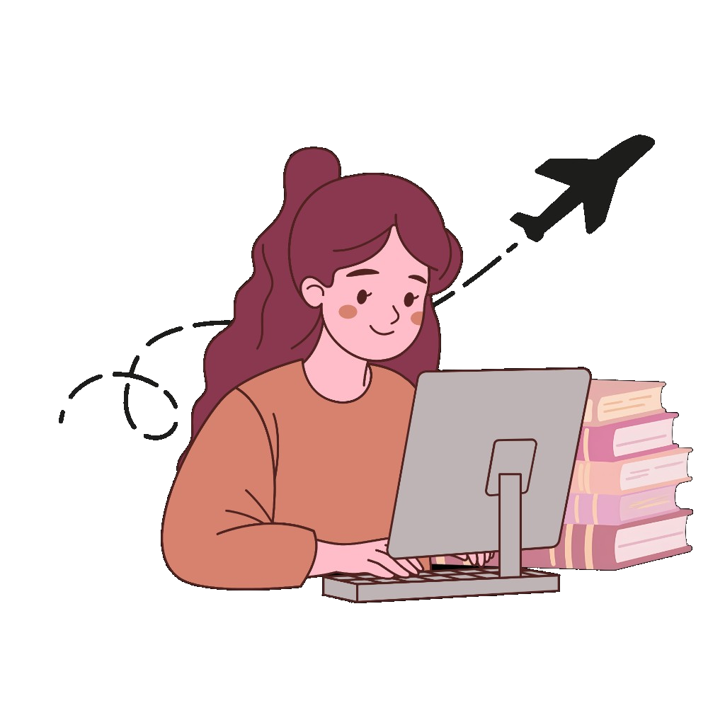 Illustration of a student at a computer with books and a plane in the background
