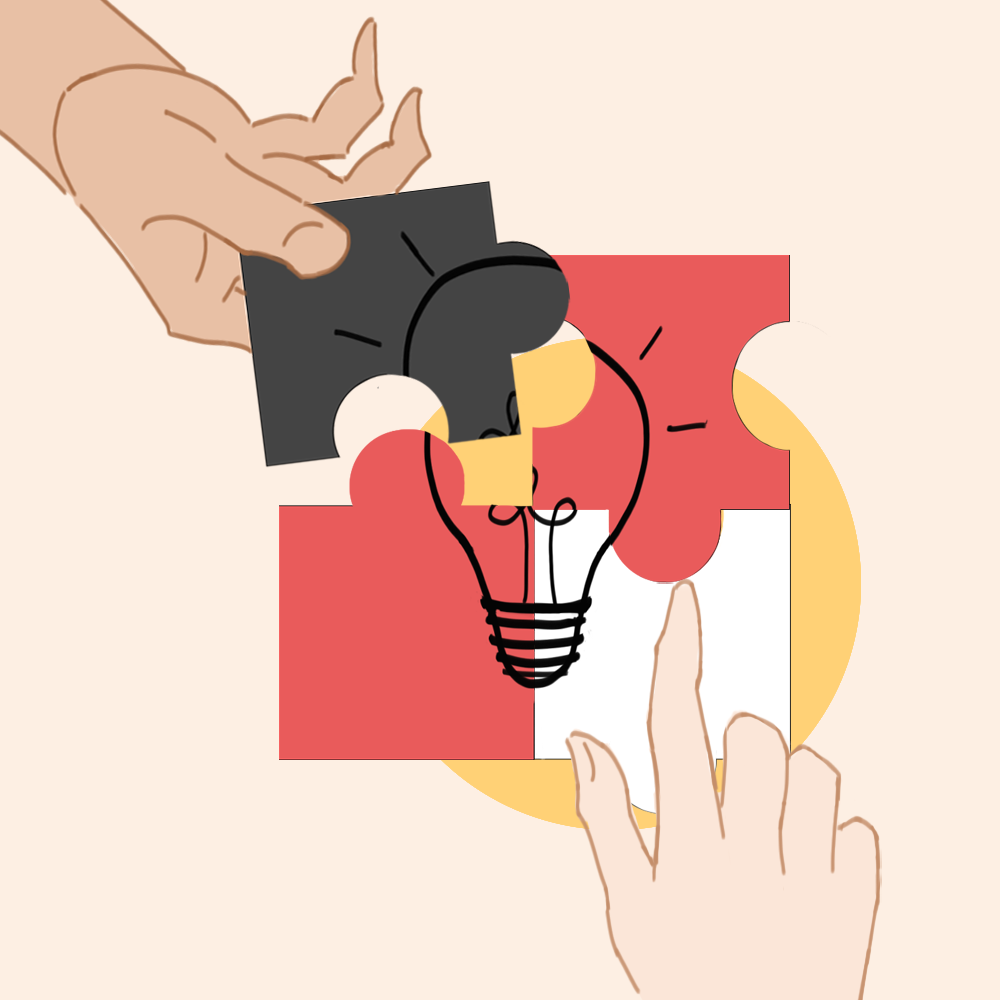 Hands assembling a puzzle with a lightbulb representing innovation
